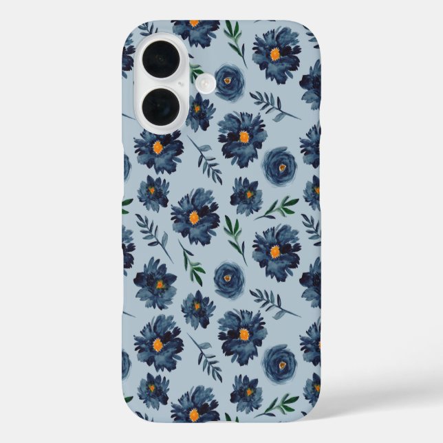 Muster der Aquarell-Blume - Klassisches Blau - Ind iPhone 16 Hülle (Rückseite)