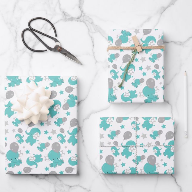Muster der blauen Elefanten, Niedliche Elefanten,  Geschenkpapier Set (Vorderseite)