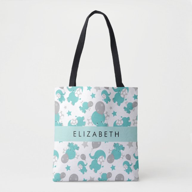 Muster der blauen Elefanten, Sterne, Ihr Name Tasche (Vorderseite)