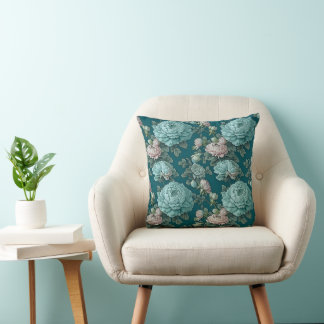 Muster der blauen Peonies auf grünem Hintergrund Kissen