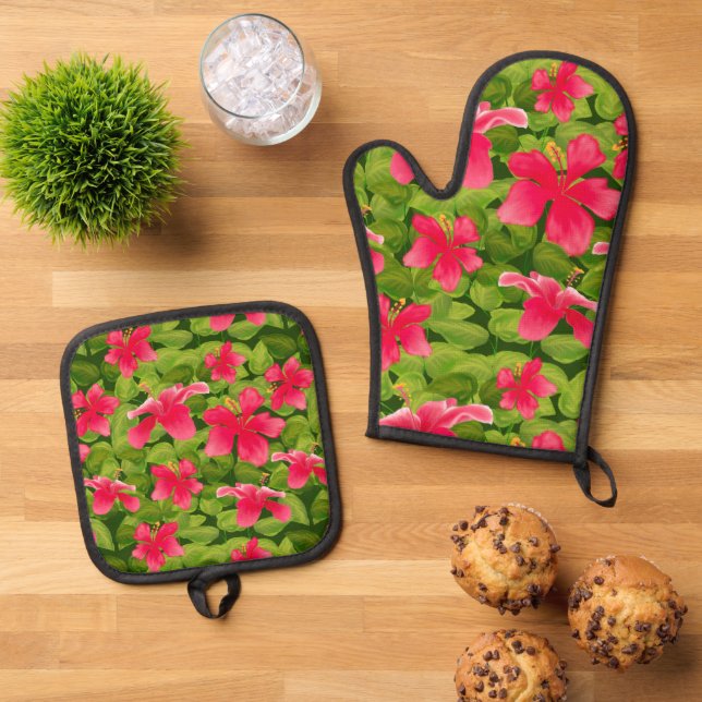 Muster der Blume des rosa hawaiianischen Hibiskus Ofenhandschuh & Topflappen-Set (Oben Unten)