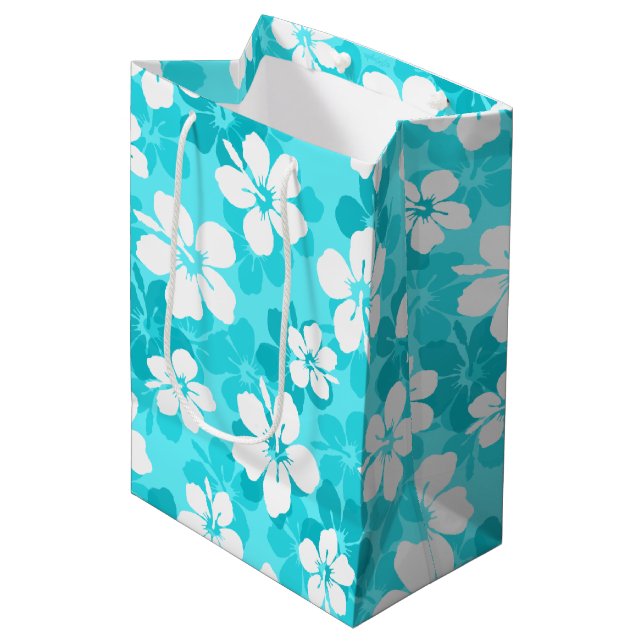 Muster der Blume des tropischen blauen Hibiskus Mittlere Geschenktüte (Vorderseite Schrägansicht)