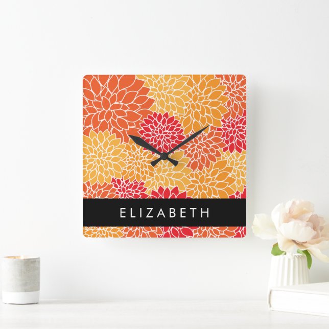 Muster der Blume, Orange Dahlia, Ihr Name Quadratische Wanduhr (Zuhause)