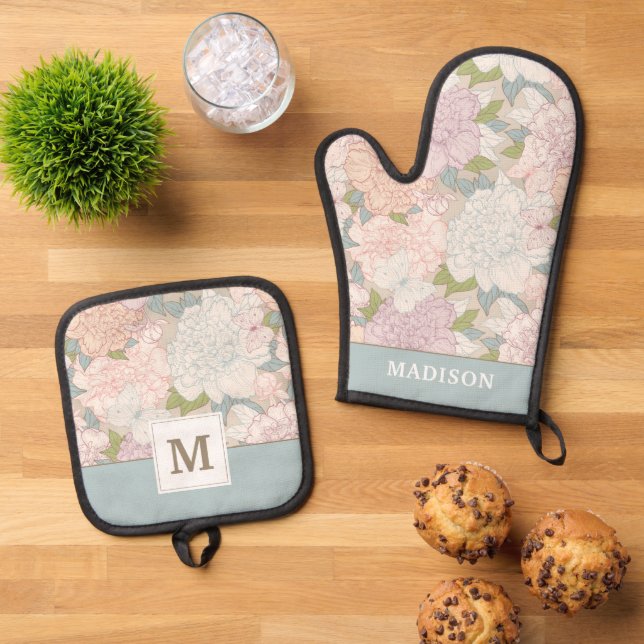 Muster der Blume Pastel Peony & Butterfly Ofenhandschuh & Topflappen-Set (Oben Unten)