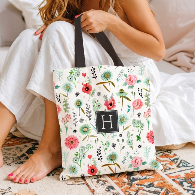Muster der botanisch weich rosa Wildblumen Tasche (Wildflower Pattern Monogram Botanical Market Tote Bag)