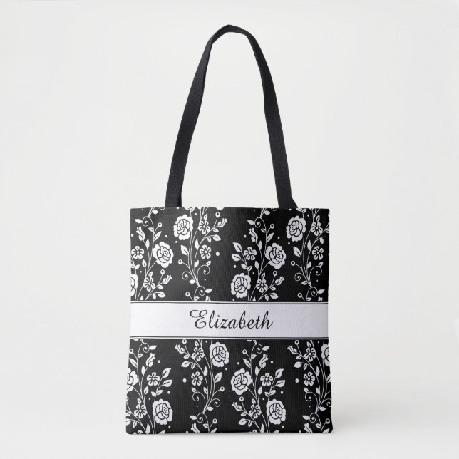 Muster der botanischen Schwarz-Weiß-Blume Tasche (Vorderseite)