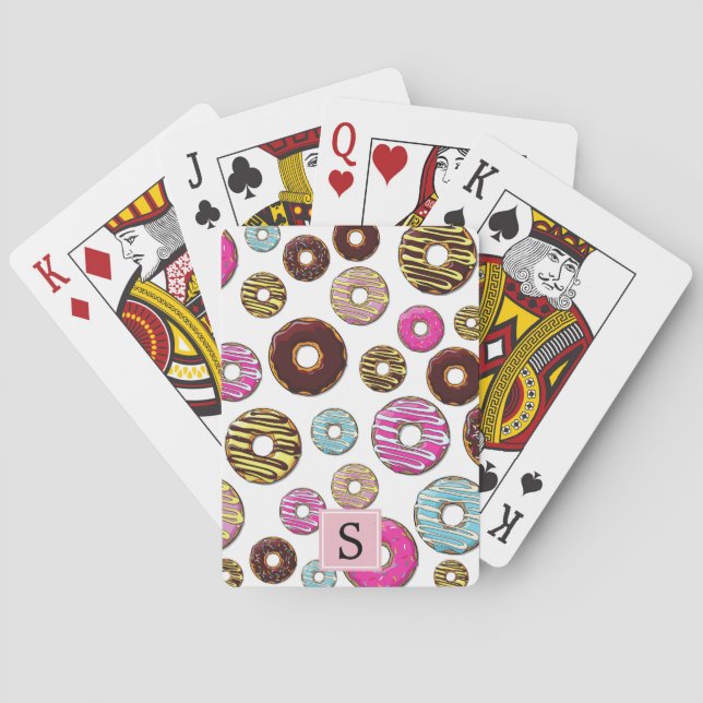 Muster der Donuts, farbenfrohe Donuts, Monogramm Spielkarten (Rückseite)