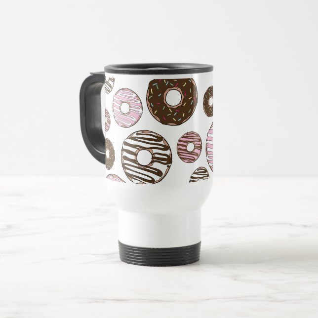 Muster der Donuts, rosa Donuts, braune Donuts Reisebecher (Vorderseite Links)