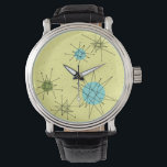 Muster der gelben Ikonen-Sternexplosionen Armbanduhr<br><div class="desc">Dieses gelbe Ikonische Atomic Sternexplosion Muster eWatch bietet eine ikonische atomare Sternexplosion. Das ist richtig! Die alte Schule, der gelbe Hintergrund mit goldenen Falten ist der perfekte Hintergrund für die lebendigen türkisfarbenen, sanften Sellerie und die kitschigen Birnen grünen Kreise. Die Farbflecken sind sporadisch in verschiedenen Größen platziert, wobei schwarze V-förmige...</div>