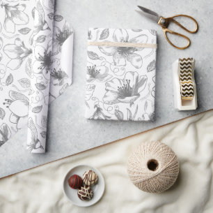 Muster der gezeichneten floralen Kontur Grau/Wht I Geschenkpapier