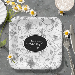 Muster der gezeichneten floralen Kontur Grau/Wht I Pappteller