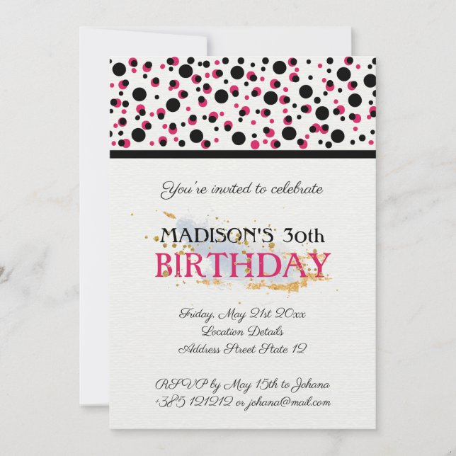 Muster der handgezogenen Punkte rosa und schwarz Einladung (Vorderseite)