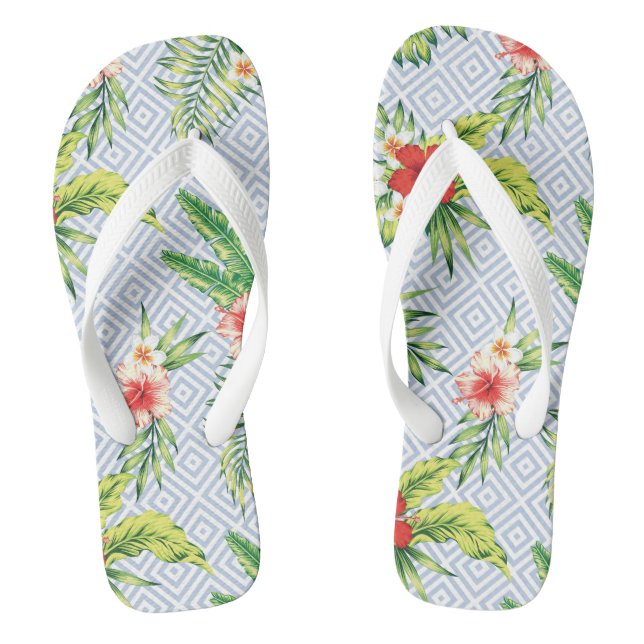 Muster der hawaiianischen Blume Pastellblau Geomet Flip Flops (Fußbett)