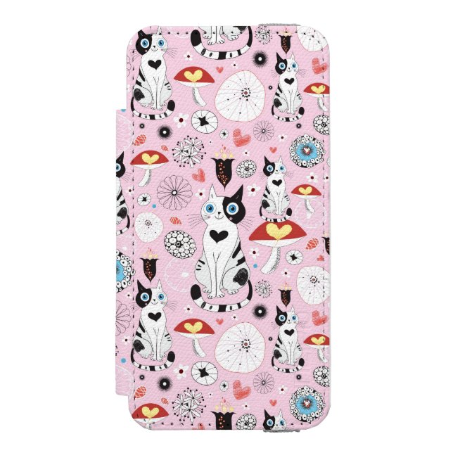 Muster der Katzen und der Blumen Incipio iPhone Geldbeutel-Hülle (Folio Vorderseite)