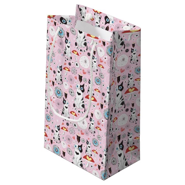 Muster der Katzen und der Blumen Kleine Geschenktüte (Rückseite Schrägansicht)