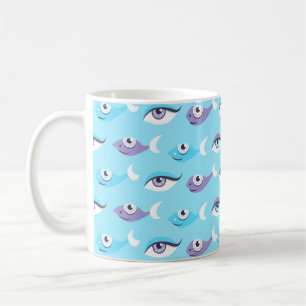 Muster der lila und blauen Augen und der Fische im Kaffeetasse
