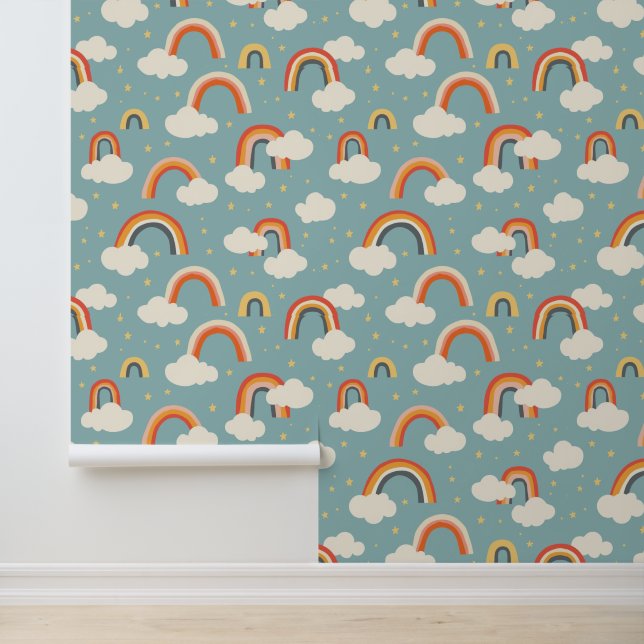 Muster der Regenbogenwolken | Modernes Kinderzimme Tapete (Anwendung)
