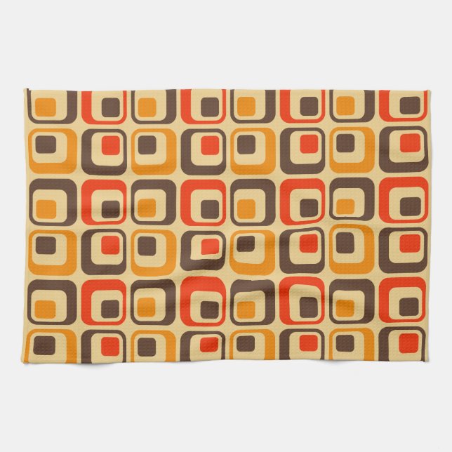 Muster der Retro-Quadrate - rot, braun und orange Geschirrtuch (Horizontal)