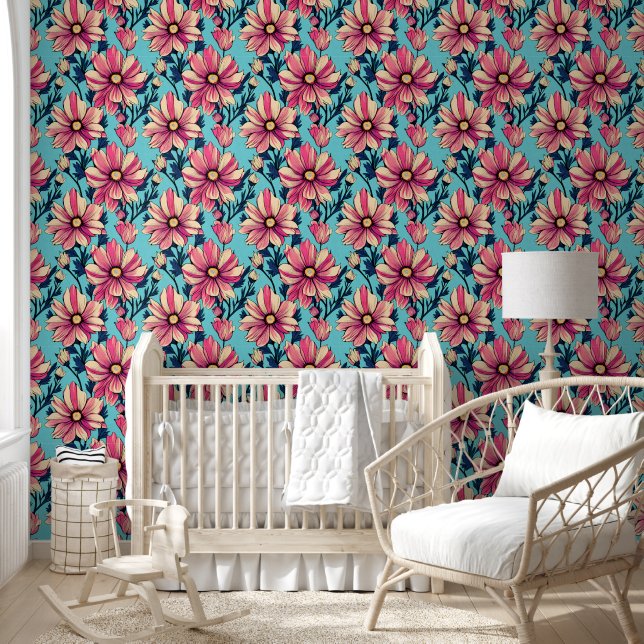 Muster der rosa und blauen großen Blume Tapete (Kinder)