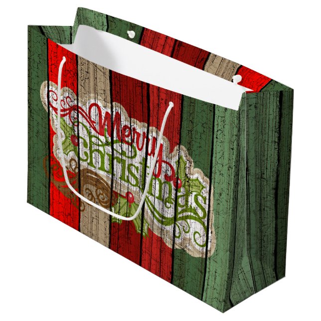 Muster der roten grünen Holzplanen Große Geschenktüte (Vorderseite Schrägansicht)