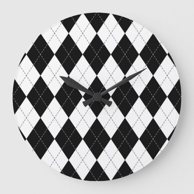 Muster der Schwarz-weißen geometrischen Raute Große Wanduhr (Vorderseite)