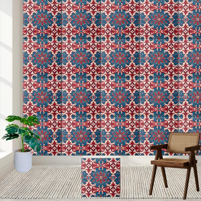 Muster der skandinavischen Blumenmuster in Rot und Fliese (Scandinavian Floral Tile Pattern in Red and Blue)
