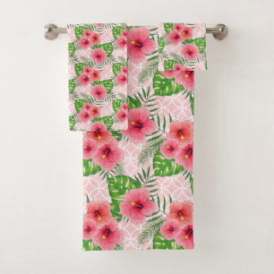 Muster der tropischen rosa Blume Badhandtuch Set