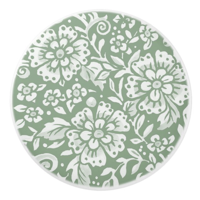 Muster der weißen Blumenmatte in Sage Green  Keramikknauf (Vorderseite)