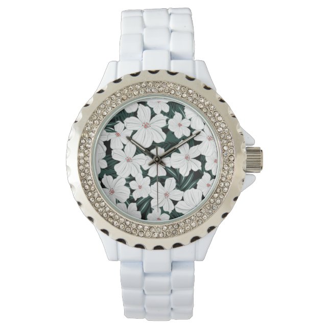 Muster der weißen tropischen Blume Armbanduhr (Vorderseite)