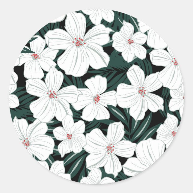 Muster der weißen tropischen Blume Runder Aufkleber (Vorderseite)