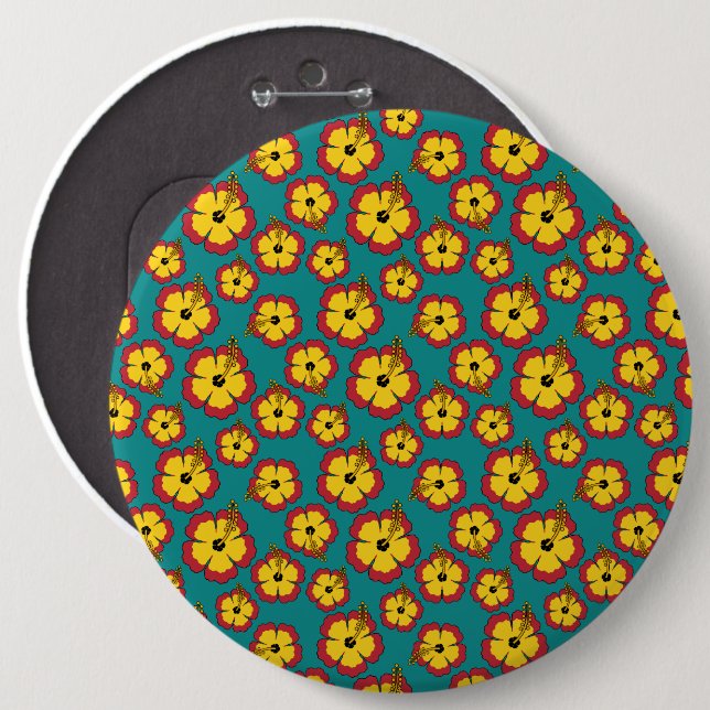 Muster des gelben roten Hibiskus für tropische Blu Button (Vorne & Hinten)