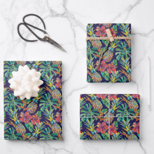 Muster des tropischen Ananas-Hibiskus Geschenkpapier Set