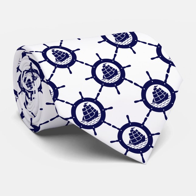Muster des weißen und navy Blue Nautical Boat Whee Krawatte (Gerollt)