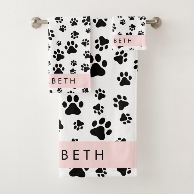 Muster, Dog Paws, Schwarz und Weiß, Ihr Name Badhandtuch Set (Insitu)