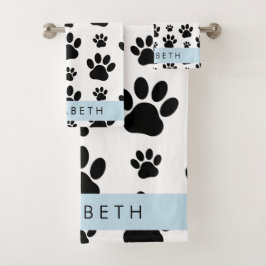 Muster, Dog Paws, Schwarz und Weiß, Ihr Name Badhandtuch Set
