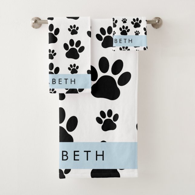 Muster, Dog Paws, Schwarz und Weiß, Ihr Name Badhandtuch Set (Insitu)