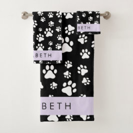 Muster, Dog Paws, Schwarz und Weiß, Ihr Name Badhandtuch Set
