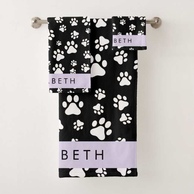 Muster, Dog Paws, Schwarz und Weiß, Ihr Name Badhandtuch Set (Insitu)