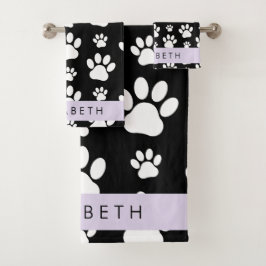 Muster, Dog Paws, Schwarz und Weiß, Ihr Name Badhandtuch Set