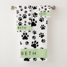 Muster, Dog Paws, Schwarz und Weiß, Ihr Name Badhandtuch Set