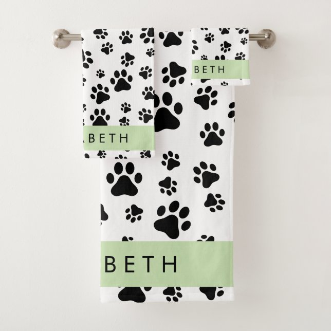 Muster, Dog Paws, Schwarz und Weiß, Ihr Name Badhandtuch Set (Insitu)