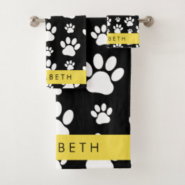 Muster, Dog Paws, Schwarz und Weiß, Ihr Name Badhandtuch Set