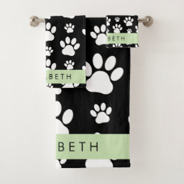 Muster, Dog Paws, Schwarz und Weiß, Ihr Name Badhandtuch Set