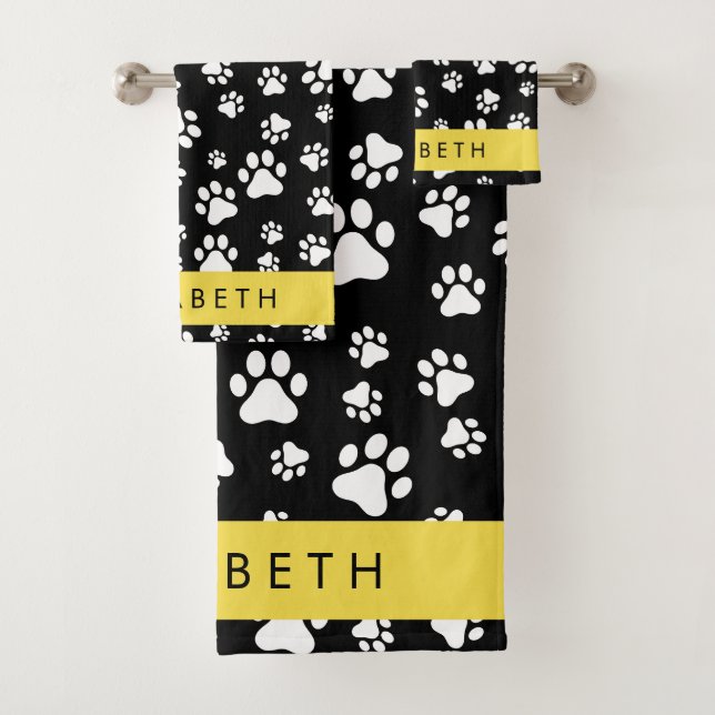 Muster, Dog Paws, Schwarz und Weiß, Ihr Name Badhandtuch Set (Insitu)