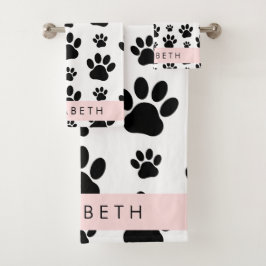 Muster, Dog Paws, Schwarz und Weiß, Ihr Name Badhandtuch Set