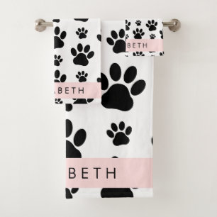 Muster, Dog Paws, Schwarz und Weiß, Ihr Name Badhandtuch Set