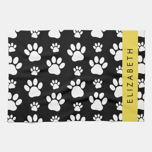 Muster, Dog Paws, Schwarz und Weiß, Ihr Name Geschirrtuch (Horizontal)