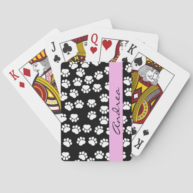 Muster, Dog Paws, Schwarz und Weiß, Ihr Name Spielkarten (Rückseite)