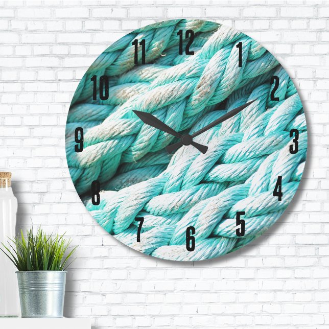 Muster eines nautischen blauen Seilmusters an der  Große Wanduhr (Distressed Blue Rope Nautical Beach House Print Large Clock )
