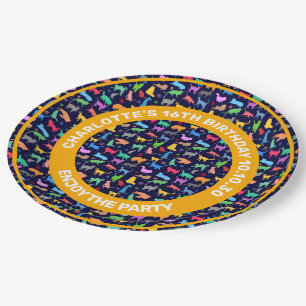 Muster farbenfroher Katzen. Navy Blue Background Pappteller